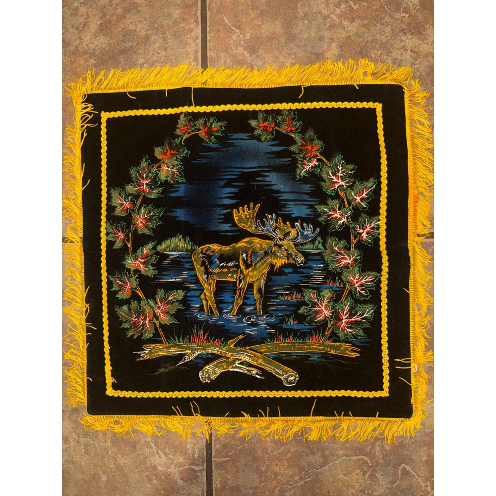 Vintage Velvet Pillowcase Deer Nature Scene Gold Fringe Tassel Cabin Decor